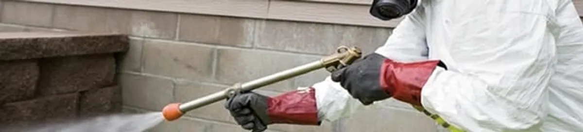 Pest control technician applying exterior insect treatment along a home foundation in Bellevue, WA