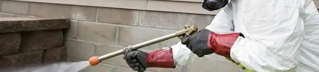 Pest control technician applying exterior insect treatment along a home foundation in Bellevue, WA
