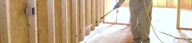 Termite treatment technician applying spray along framing and unfinished walls in Bellevue, WA